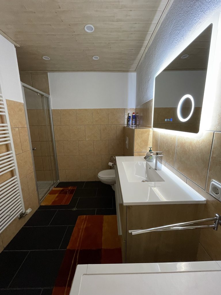 Startseite Modernes Badezimmer mit Dusche, Waschtisch und beleuchtetem Spiegel